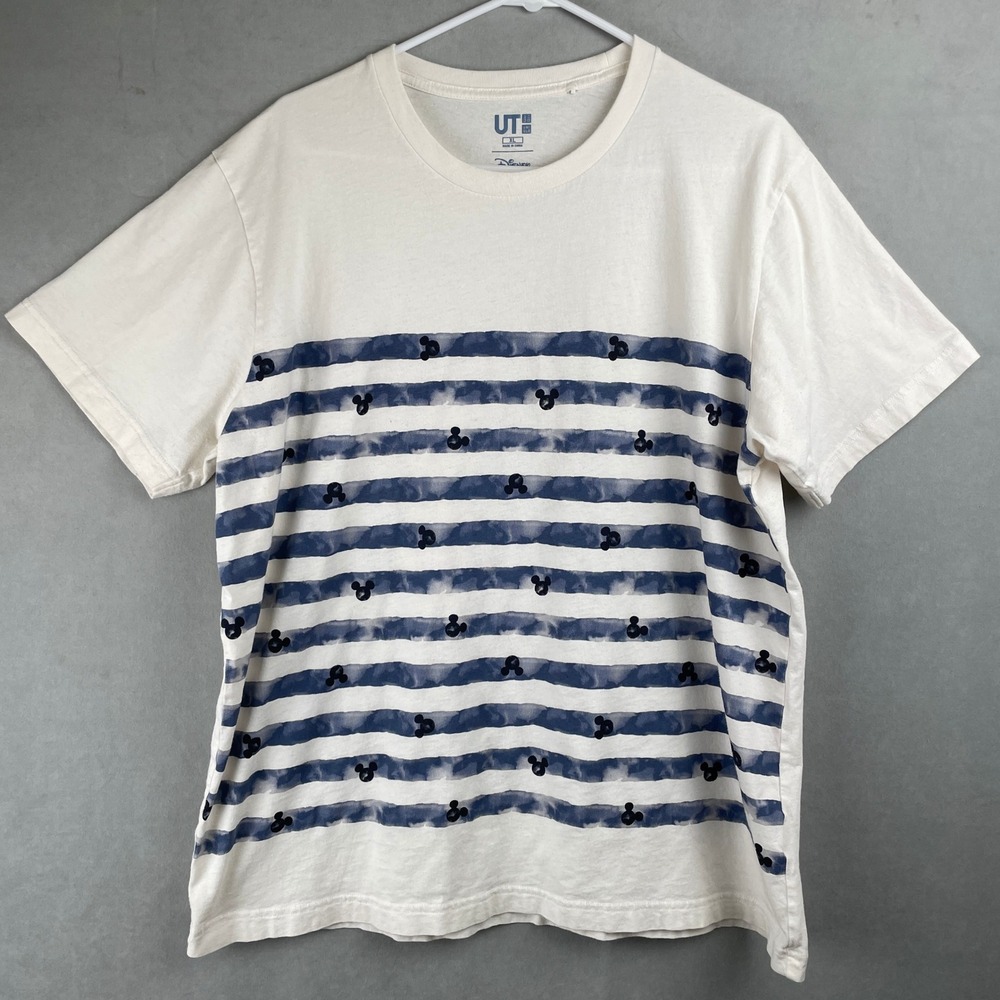 UNIQLO Disney Mickey Mouse Striped TShirt XL Blue White Cotton Graphic Tee Vacay